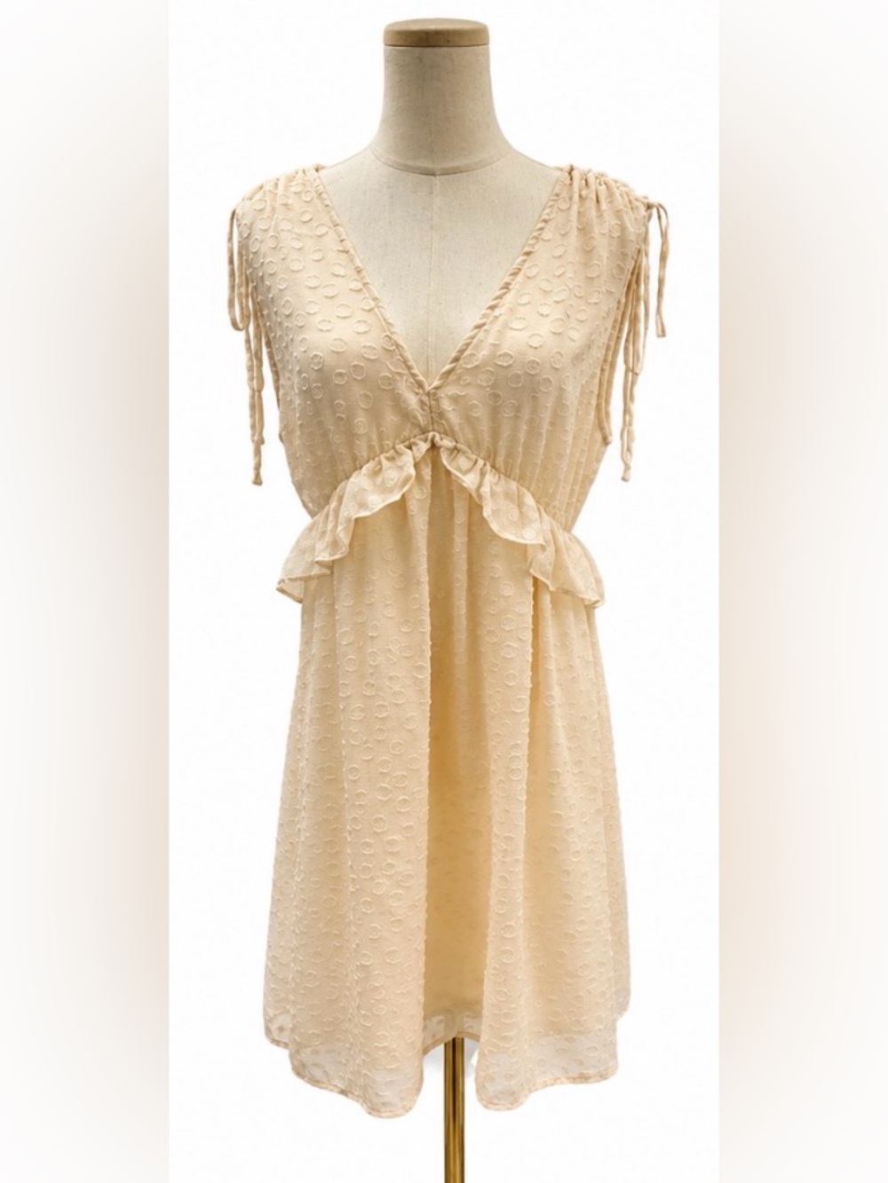 En Crème Cream Textured Swiss Dot Ruffle Mini Dress Adjustable Tie Shoulders